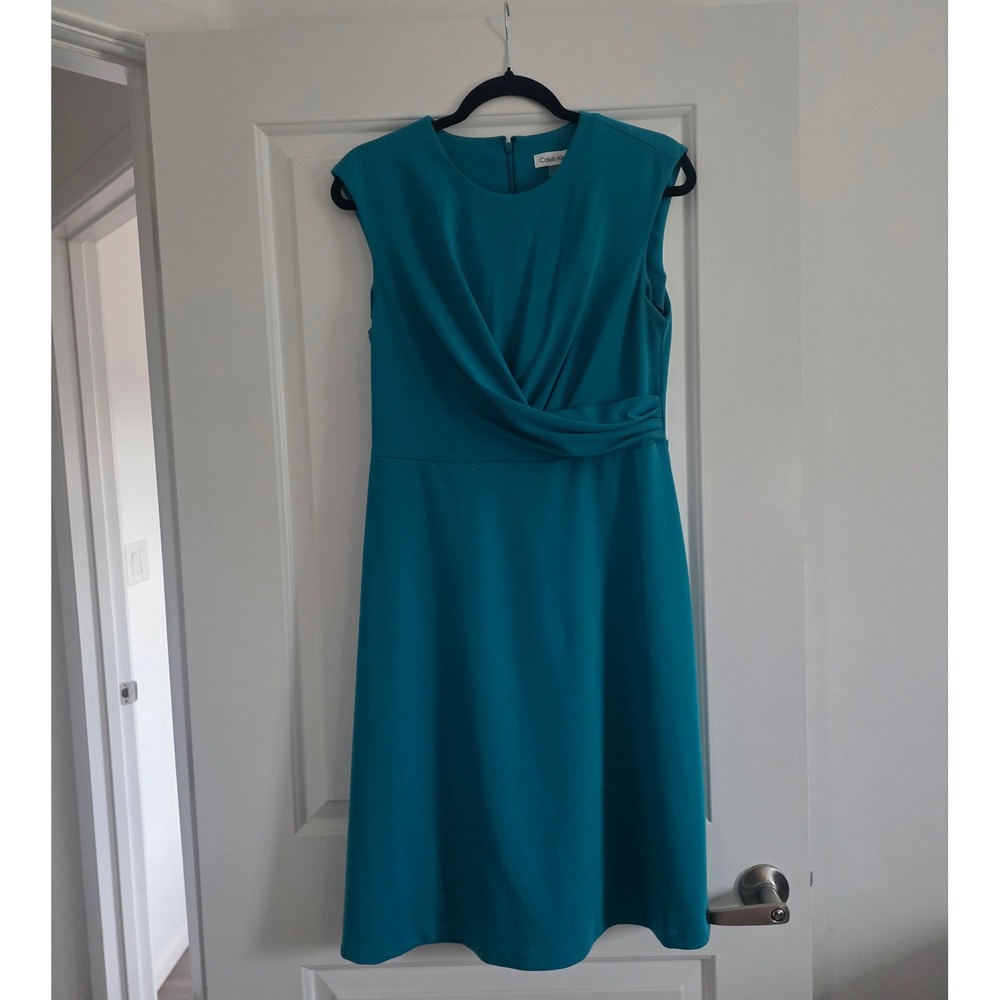 Calvin Klein Teal Blue Sleeveless Crossover Waist Sheath Dress Size 8